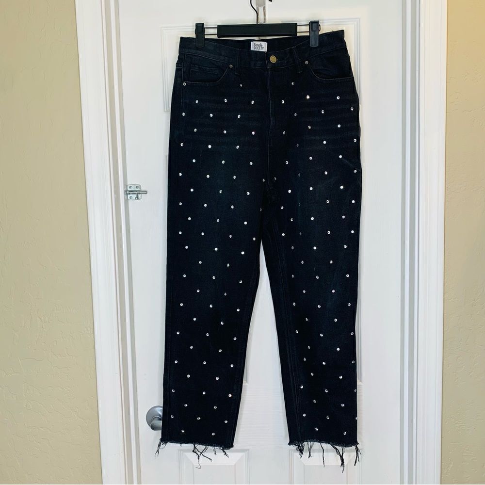 Simple Society | Rhinestone Black Jeans Straight Leg Super High Rise Raw Hem